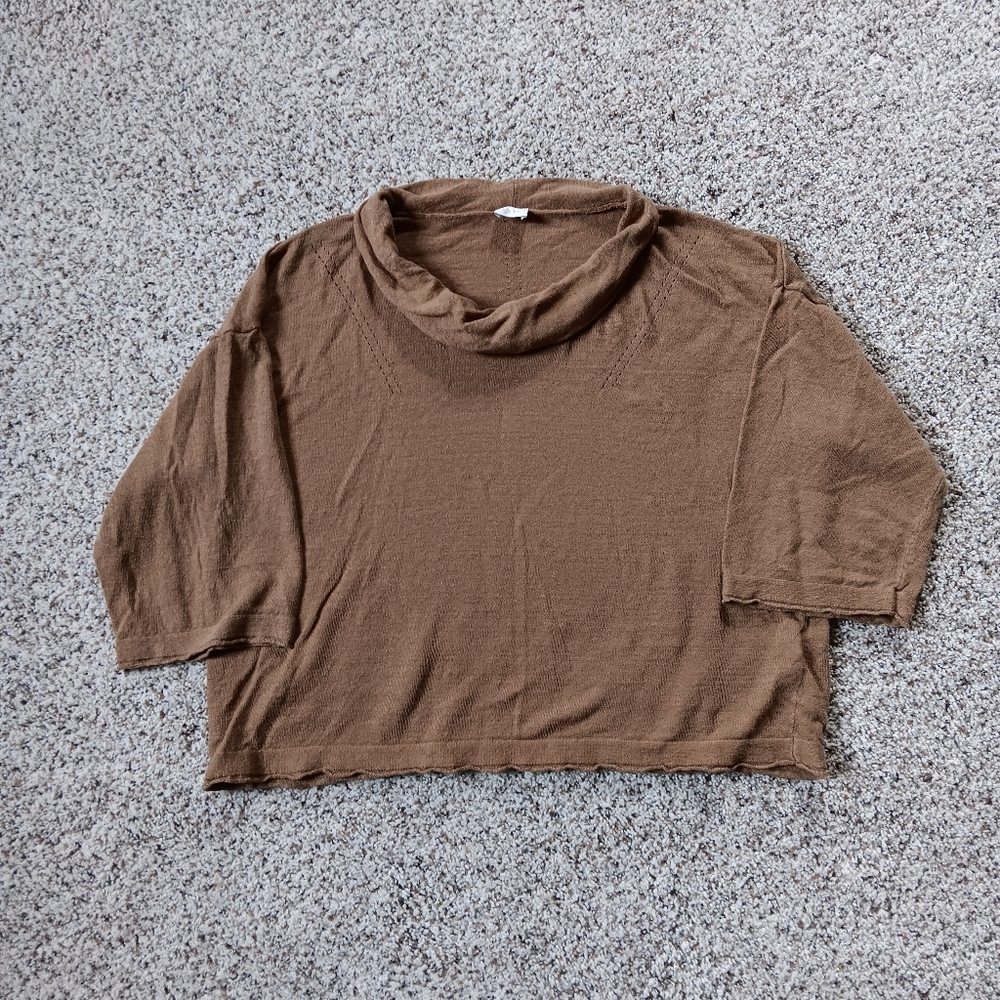 Poetry Brown Knit Short Sleeve Turtleneck Mock Linen Blend Shirt Size 8 Medium